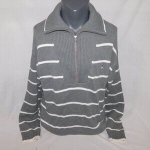 United Colors of Benetton Womens XL Gray White Striped 1/2 Zip Sweater
